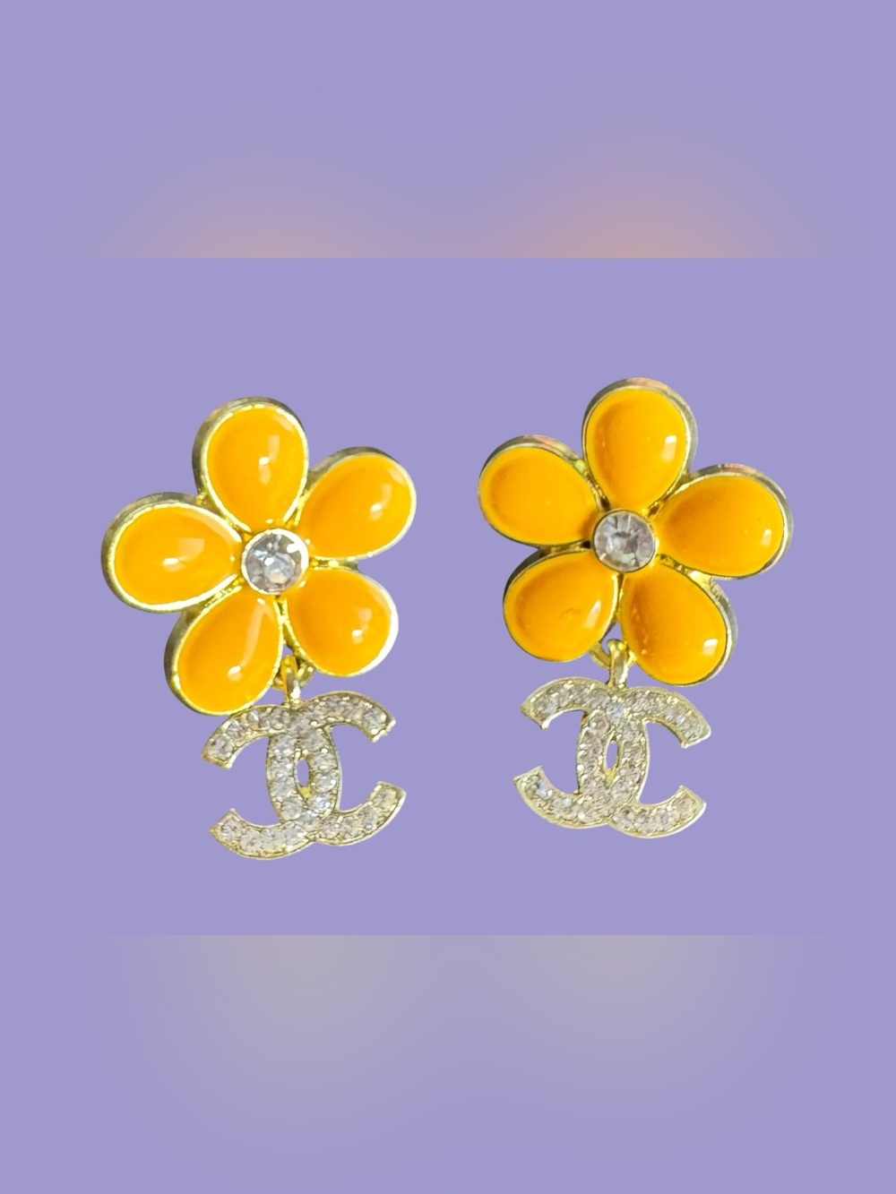 Orange Flower Drop CC Logo Earrings